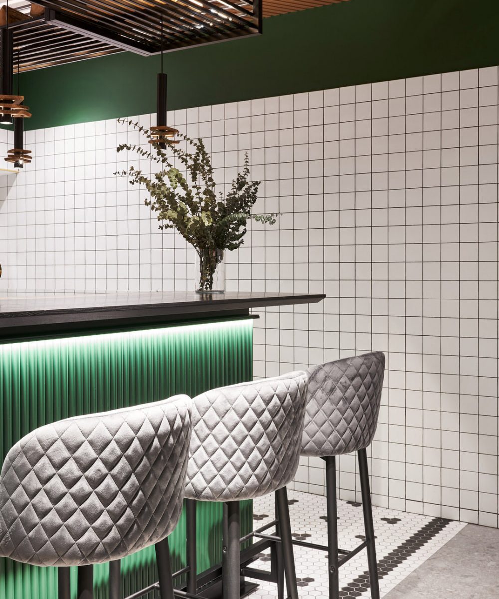 Café, modern, design, white subway tiles